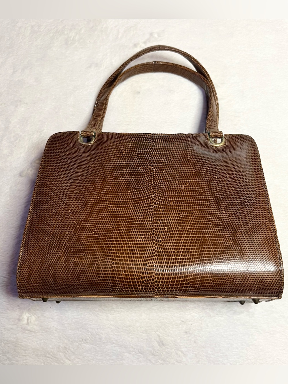 Vintage Brown Lizard Textured Top-Handle Satchel Handbag